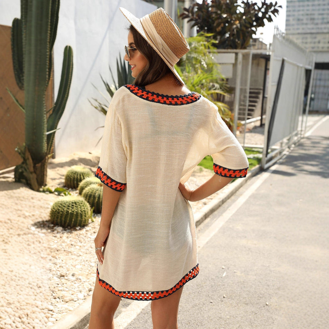 Damen luftiger Kaftan mit buntem Häkelbesatz Shopnory