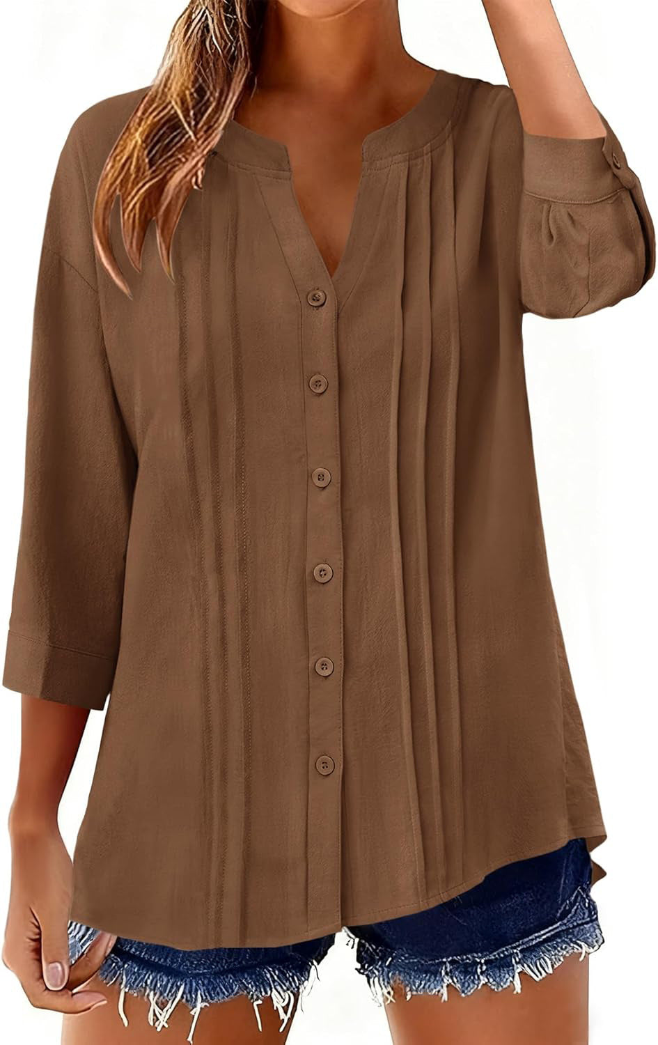 Damen Lockeres Tunikashirt mit Kellerfalten und dreiviertel Ärmeln Shop Nory