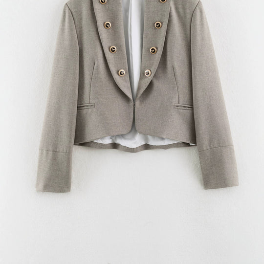 Damen Cropped Military-Blazer mit Stehkragen, zweireihiger Zierknopfleiste und taillierter Passform Shop Nory
