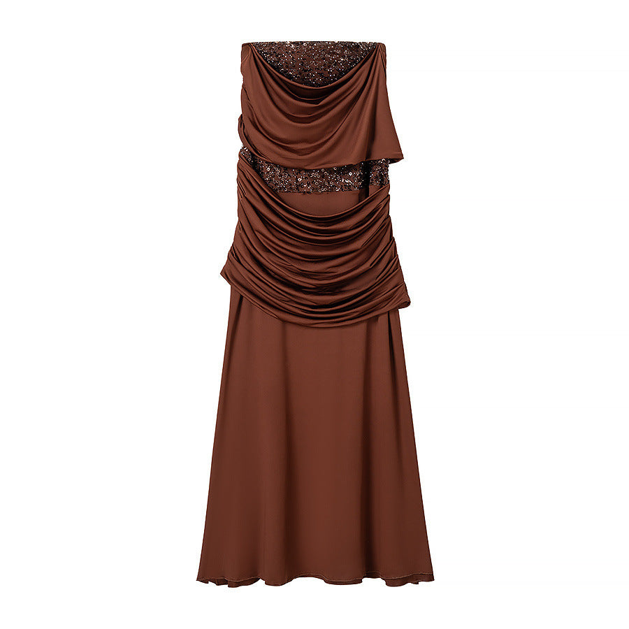 Damen Abendkleid mit schulterfreiem Drape‑Oberteil und Pailletten‑Einsatz Shop Nory
