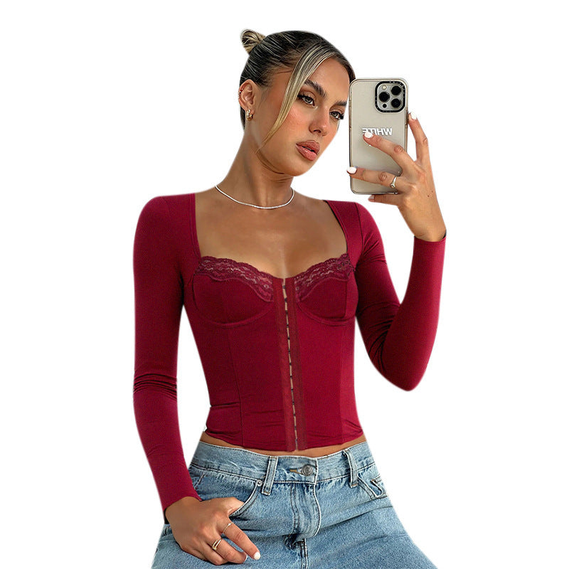 Damen Figurbetontes Langarm-Corsagen-Top mit Spitzenbustier und Haken‑Ösen-Verschluss Shop Nory