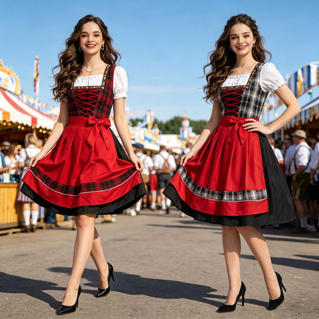 Damen nan traditionelles Dirndlkleid mit Schürze geschnürtem Mieder und kariertem Oberteil Shop Nory