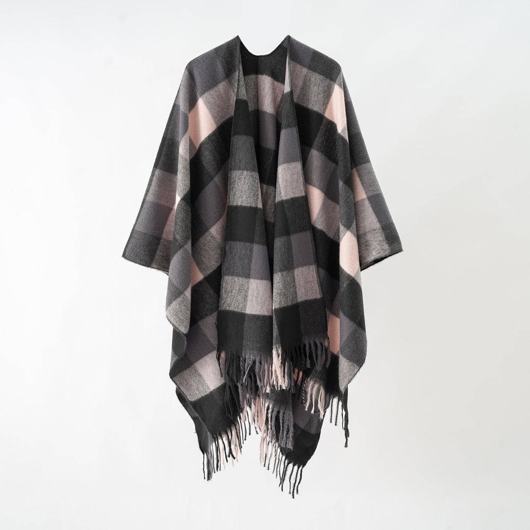 Damen Oversize-Wrapponcho aus Wollmix mit grafischem Rautenmuster und Fransensaum Shop Nory