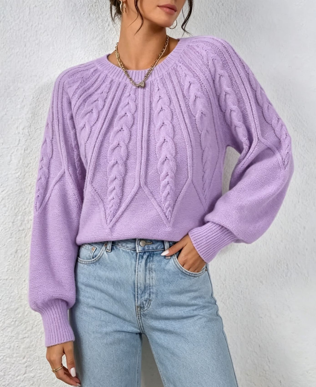 Damen kurzgeschnitteter Grobstrick-Zopfpullover mit Ballonärmeln Shop Nory