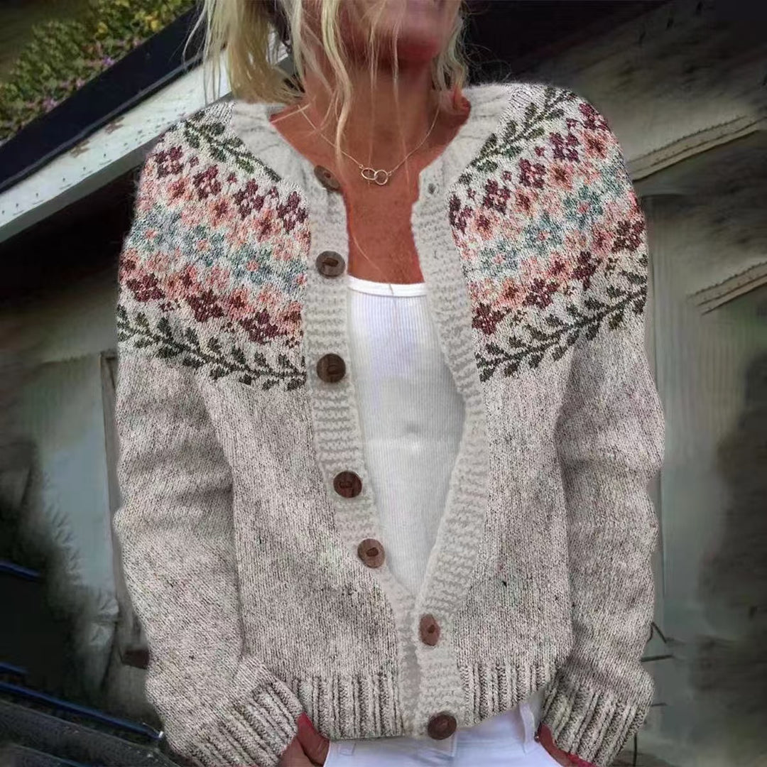 Damen nan gemusterte Strickjacke mit Rundpasse, Holzknöpfen und Eingrifftaschen Shop Nory