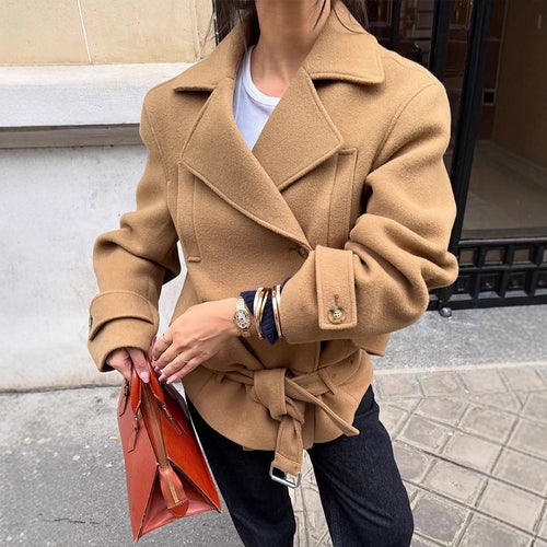 Damen Taillierter Wollmix-Kurzmantel mit Bindegürtel, breitem Revers und Knopfmanschetten Shop Nory