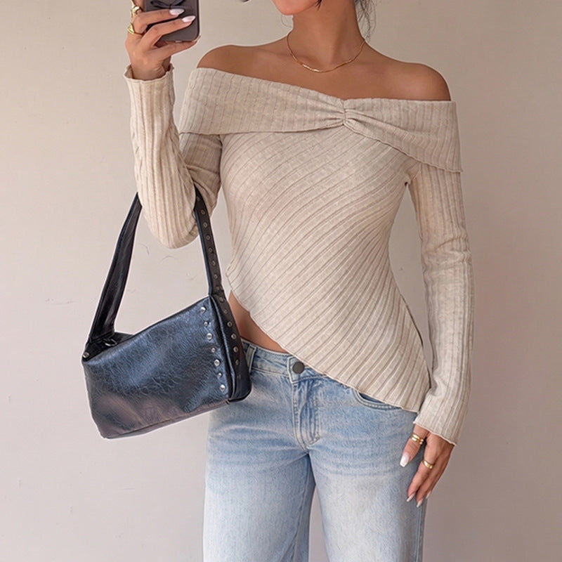 Damen Schulterfreies asymmetrisches Rippstrick-Top mit Knotenpasse Shop Nory