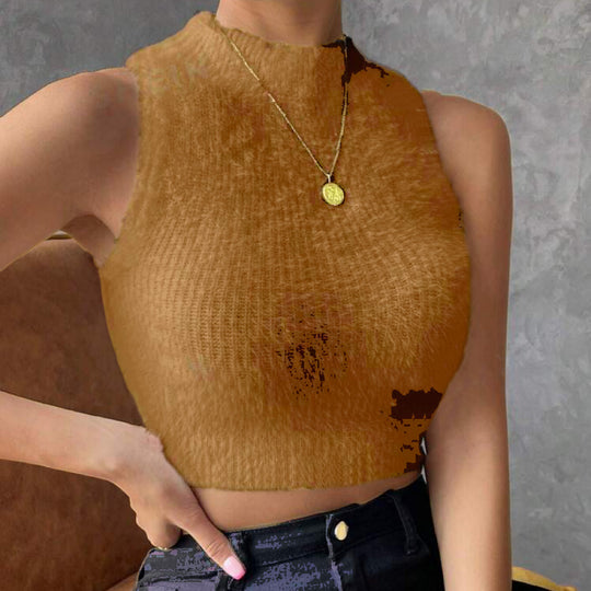 Damen Kurz geschnittenes ärmelloses geripptes Strick-Crop-Top mit Stehkragen Shop Nory