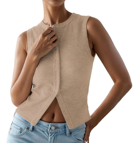 Damen Ärmelloses Knopfoberteil mit Rippstruktur Shopnory