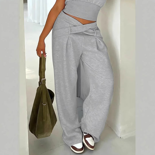 Damen Weite High-Waist-Hose mit Wickelbund, Ziergürtel und Bundschnitt Shop Nory