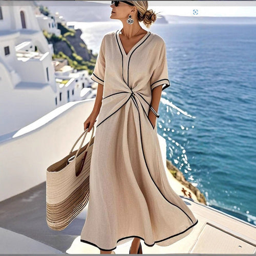 Damen Maxikleid mit V-Ausschnitt, seitlichem Knoten und Kontrastpaspeln Shop Nory