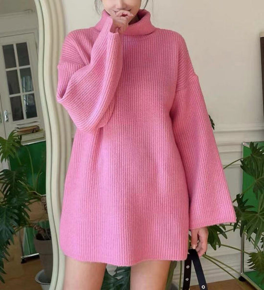 Damen Langer Strickpullover mit hohem Kragen und weit ausgestellten Ärmeln