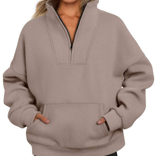 Damen nan oversized Halbzip-Hoodie mit hohem Stehkragen, Kängurutasche und gerippten Bündchen Shop Nory