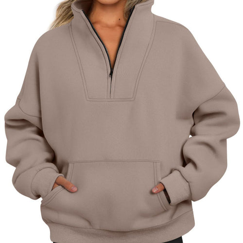 Damen nan oversized Halbzip-Hoodie mit hohem Stehkragen, Kängurutasche und gerippten Bündchen Shop Nory