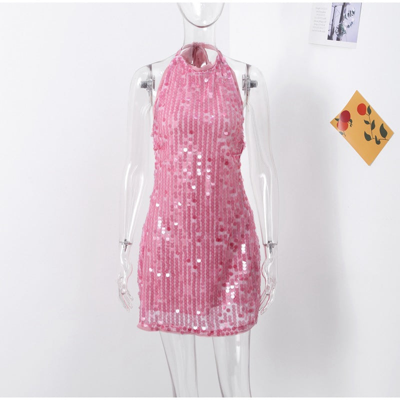 Damen Glamouröses Pailletten-Minikleid mit haltem Ausschnitt