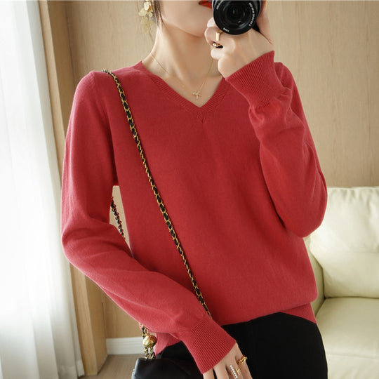 Damen Leichter V‑Ausschnitt Feinstrickpullover aus kaschmirweicher Baumwollmischung mit elastischen Rippbündchen Shop Nory