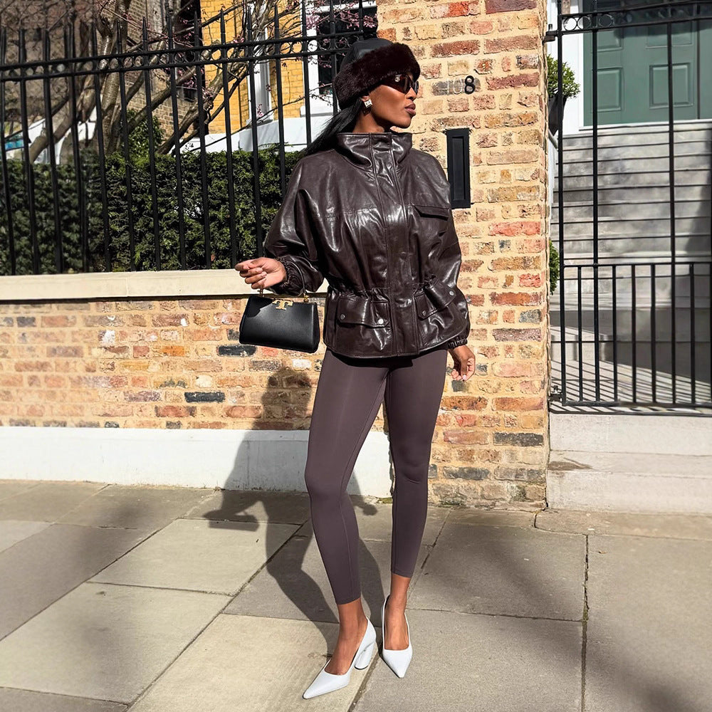 Damen Oversize Lederimitat-Blouson mit hohem Stehkragen und Taillenzug Shop Nory