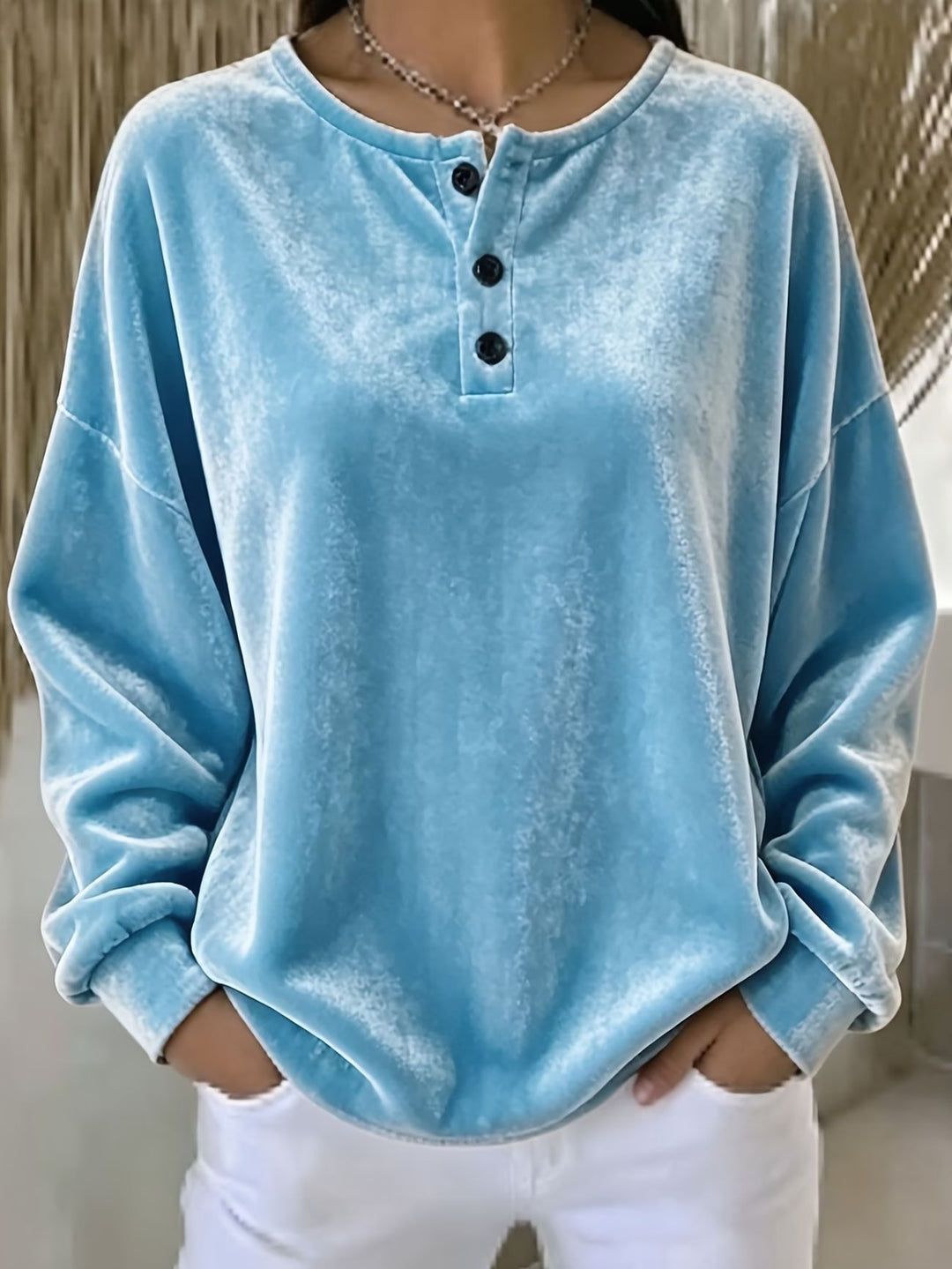 Damen Lässiges Oversize Samt-Henleyshirt mit Knopfleiste Shop Nory
