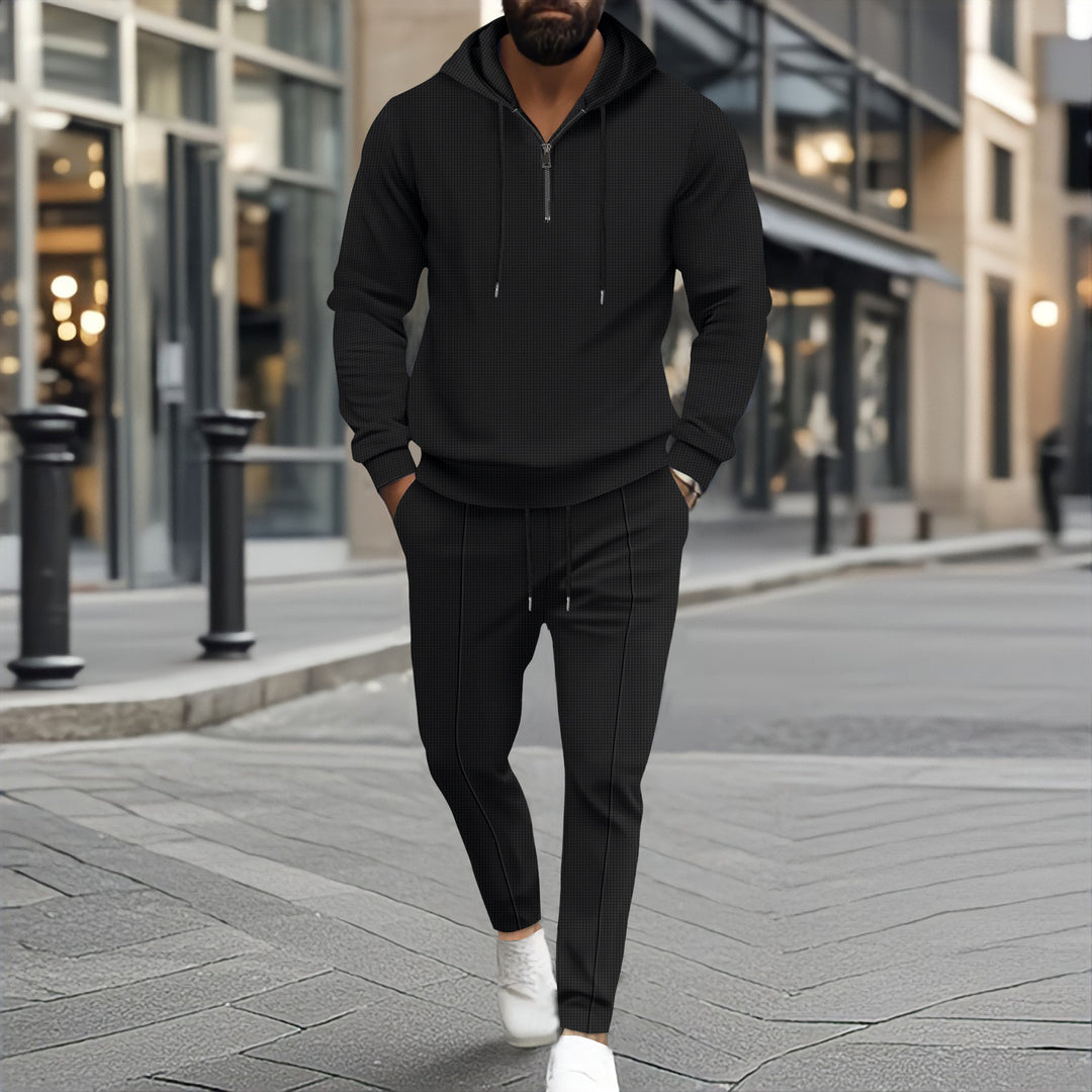 Herren nan strukturiertes Halbzip-Kapuzenloungewear-Set mit tapered Jogpants und Kordelzug Shop Nory