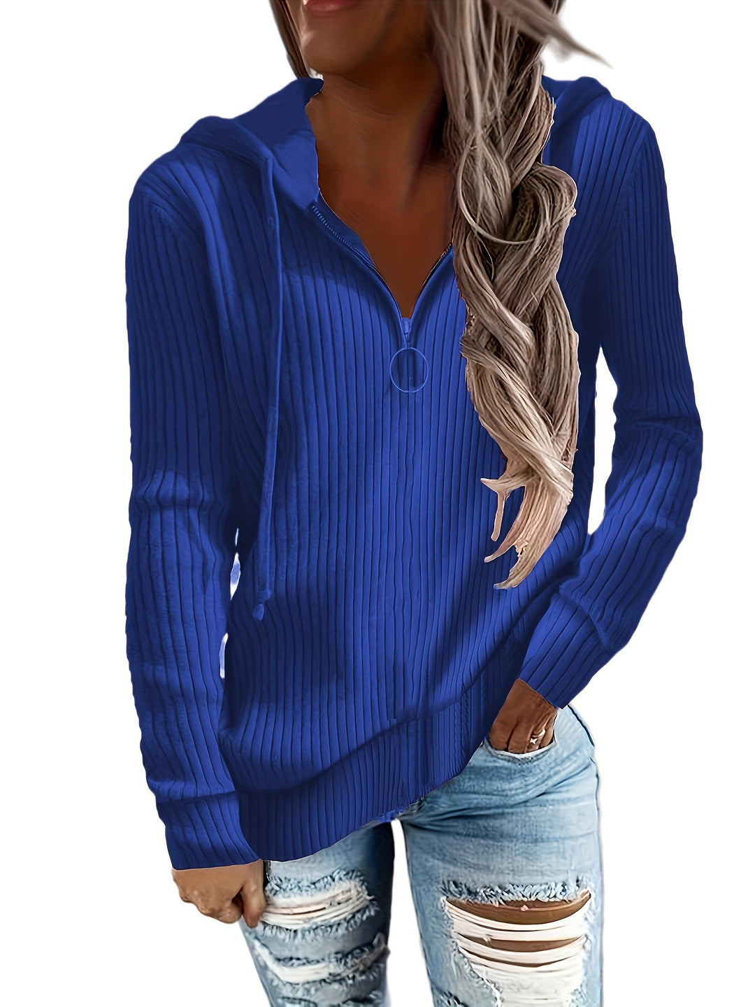 Damen Lässiger Rippstrick-Hoodie mit halbhohem Reißverschluss und Ringzipper Shop Nory