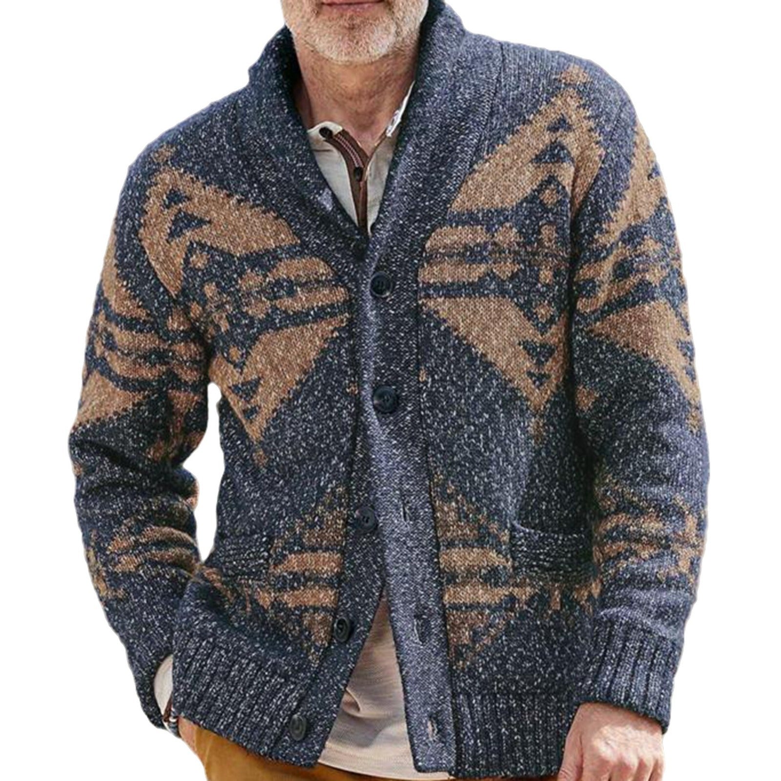 Herren Strickjacke mit einzigartigem geometrischen Muster und tiefem Kragen