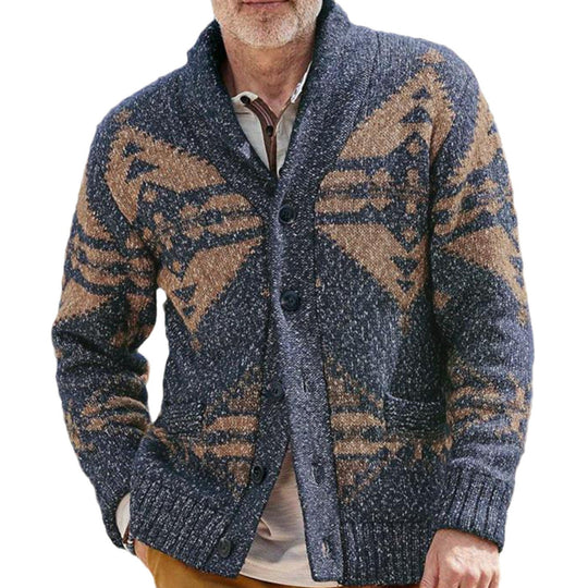 Herren Strickjacke mit einzigartigem geometrischen Muster und tiefem Kragen