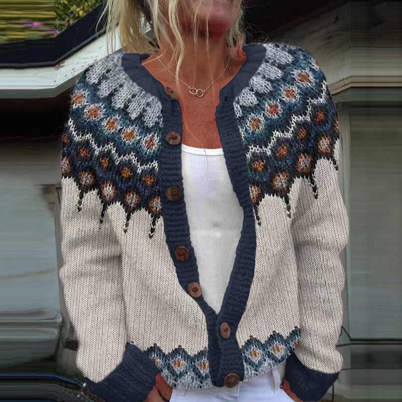 Damen nan gemusterte Strickjacke mit Rundpasse, Holzknöpfen und Eingrifftaschen Shop Nory