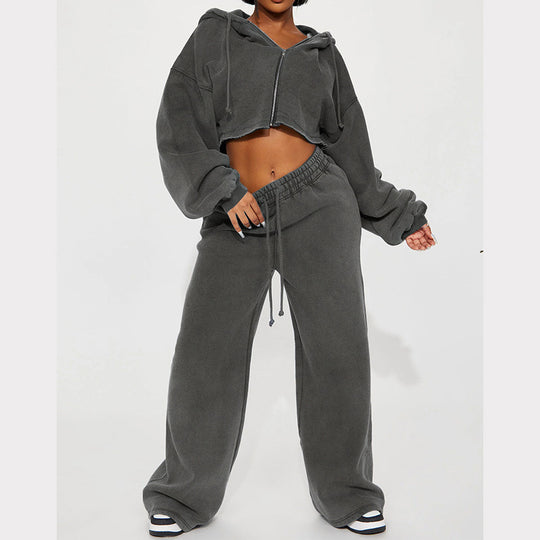 Damen gekürztes Reißverschluss-Kapuzenoberteil und hochtaillierte weite Fleece-Jogginghose Set Shop Nory