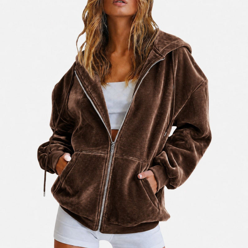 Damen Oversize Velours-Kapuzenjacke mit Reißverschluss Shop Nory