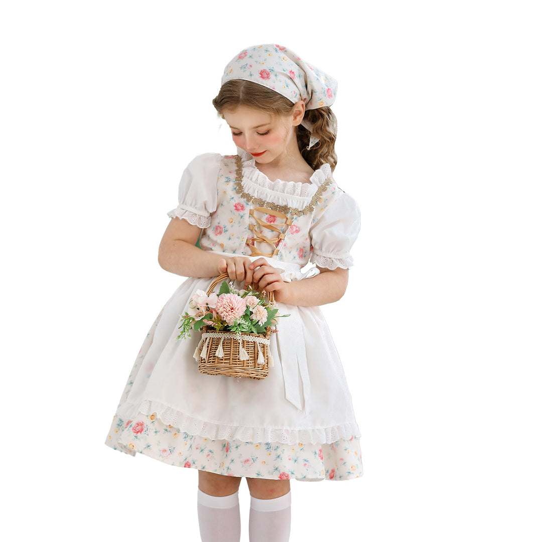 Damen nan traditionelles Dirndlkleid für Mädchen mit bestickter Schürze, Rüschenkragen und passendem Kopftuch Shop Nory