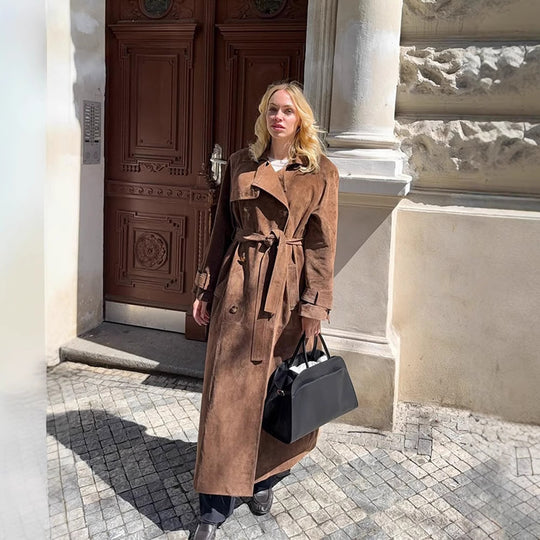Damen Maxilanger Veloursleder‑Trenchcoat mit Bindegürtel Shop Nory