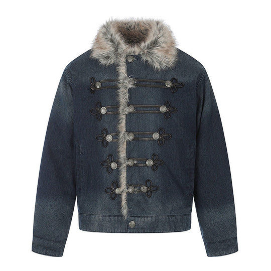Damen Jeansjacke mit Kunstfellkragen und militärischen Zierknöpfen Shop Nory
