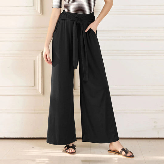 Damen Hochtaillierte Weite Palazzo-Hose mit Selbstbindendem Taillenbund und Seitentaschen Shop Nory