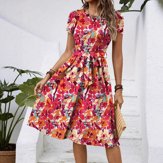Damen Elegantes Midikleid mit floralem Design und Taillengürtel Shopnory