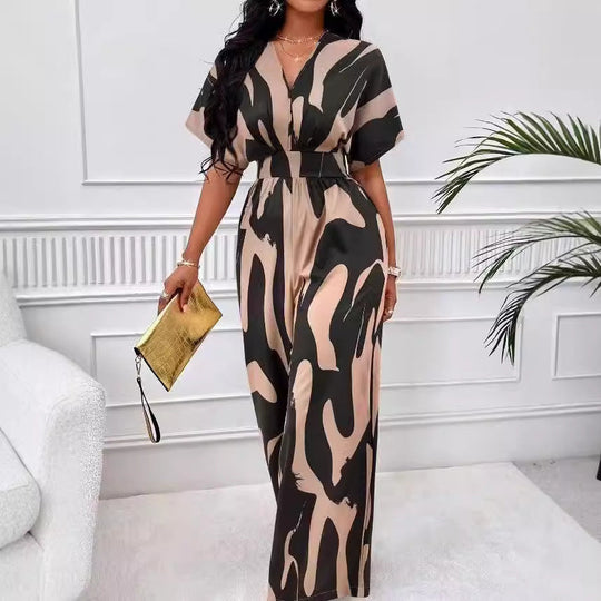 Damen Eleganter Jumpsuit mit großflächigem Muster und V-Ausschnitt
