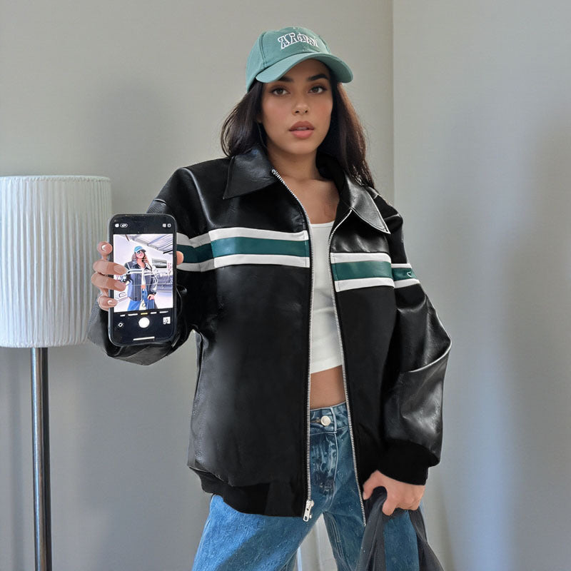 Damen Kunstleder-Bomberjacke mit Retro-Streifen und durchgehendem Reißverschluss Shop Nory