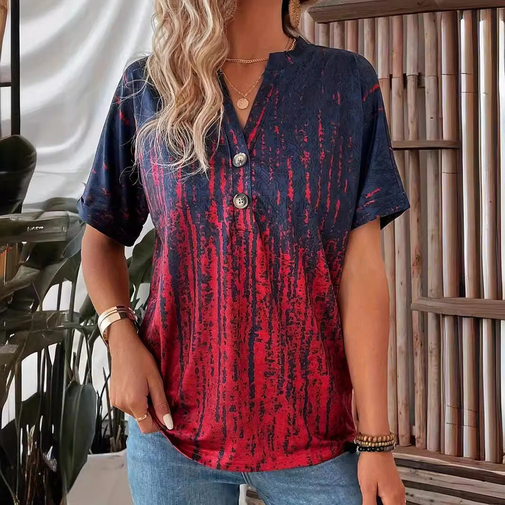 Damen Kurzarm-Bluse mit stylischem Knopf-Design und modischem Farbverlauf