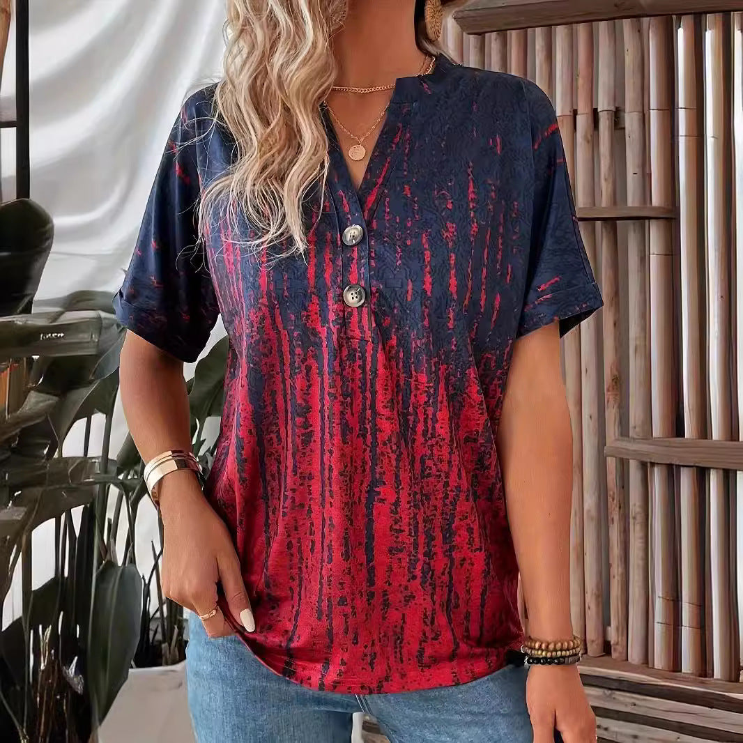 Damen Kurzarm-Bluse mit stylischem Knopf-Design und modischem Farbverlauf