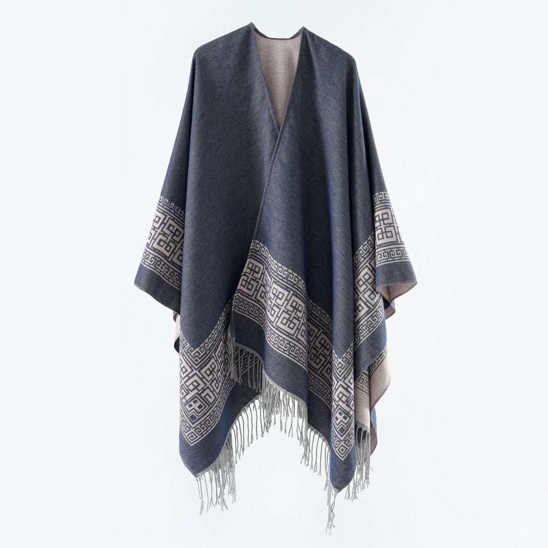 Damen Reversibler Wollmix‑Überwurf im Kimono‑Fall mit ornamentaler Bordüre und Zierfransen Shop Nory