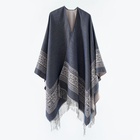 Damen Reversibler Wollmix‑Überwurf im Kimono‑Fall mit ornamentaler Bordüre und Zierfransen Shop Nory