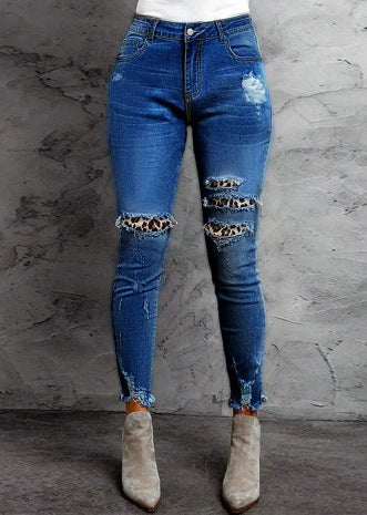 Damen Stretch-Skinny-Jeans mit High-Waist, Knie-Ripped-Details und Leo-Unterlage Shop Nory