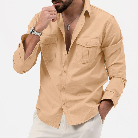 Herren nan legeres Baumwoll-Twill-Hemd mit aufgesetzten Brustklappen und Kentkragen