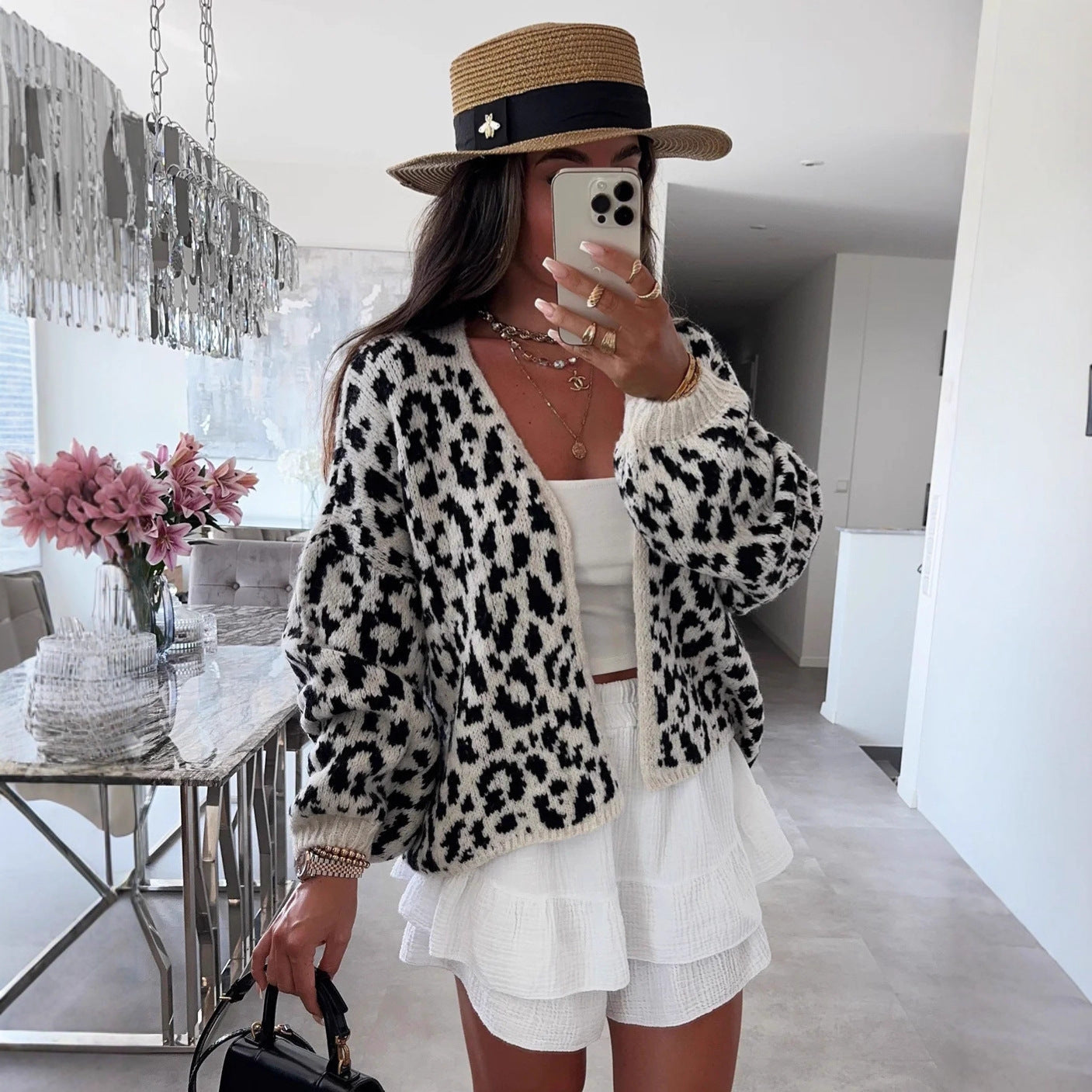 Damen lässige Strickjacke im Leopardenmuster Shopnory
