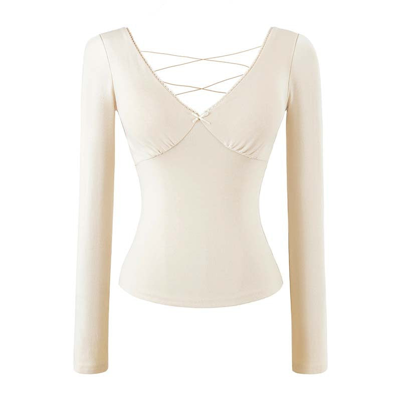 Damen Figurbetontes Langarm-Top mit tiefem V‑Ausschnitt, gekreuzten Spaghettiträgern und Spitzenkante Shop Nory