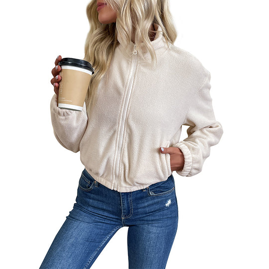 Damen Kurz geschnittene Fleece-Zipjacke mit Stehkragen und elastischem Saum Shop Nory