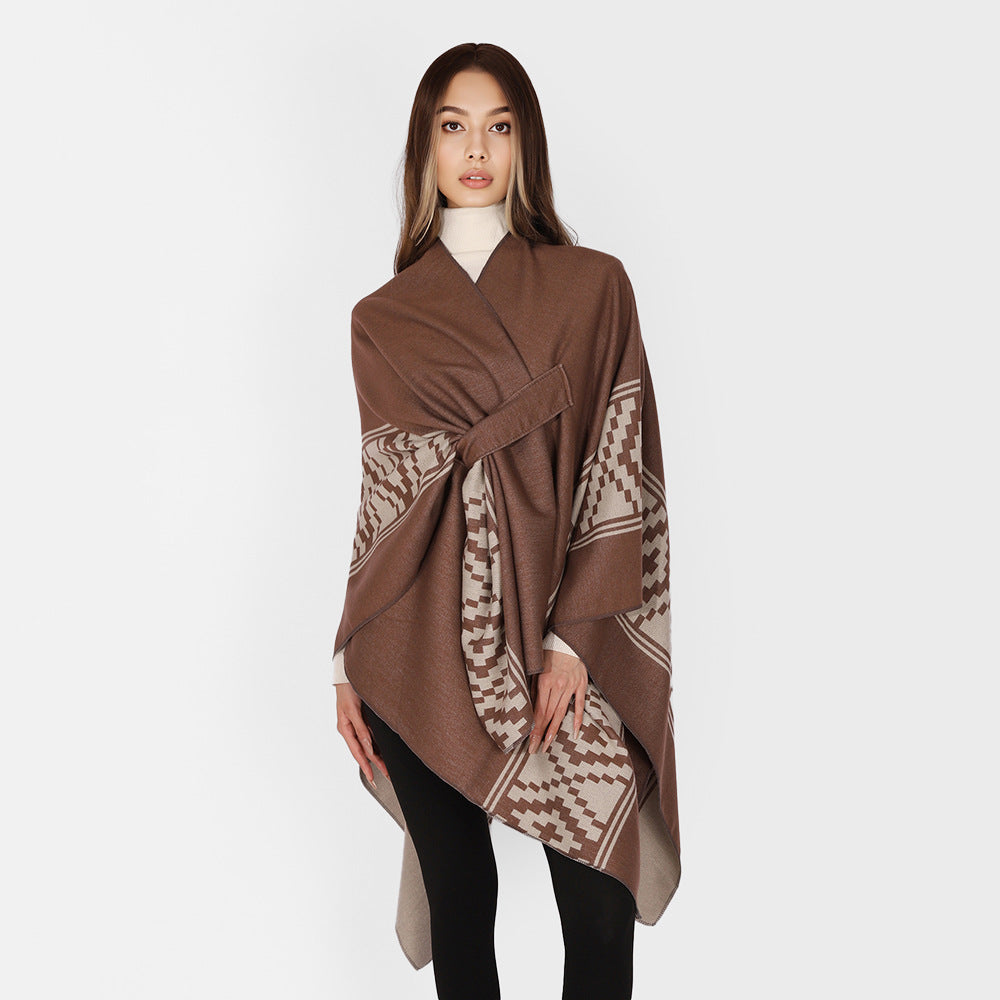 Damen Jacquard‑Ruana mit Bindegürtel und geometrischem Muster Shop Nory