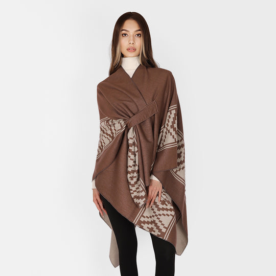 Damen Jacquard‑Ruana mit Bindegürtel und geometrischem Muster Shop Nory