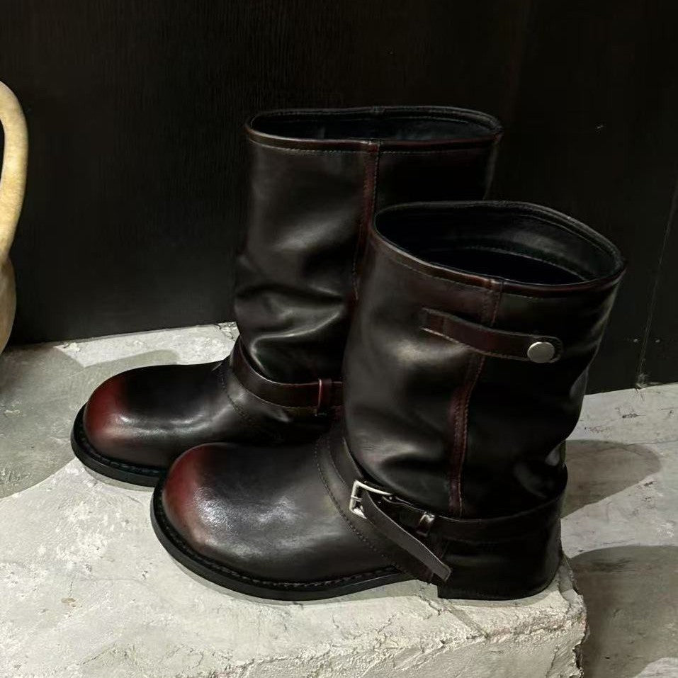 Damen Lederstiefel mit modischen Schnallenverzierungen Shopnory