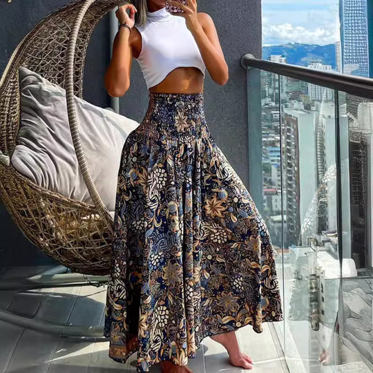 Damen Maxirock mit hohem Smockbund und weitem Boho-Print Shop Nory