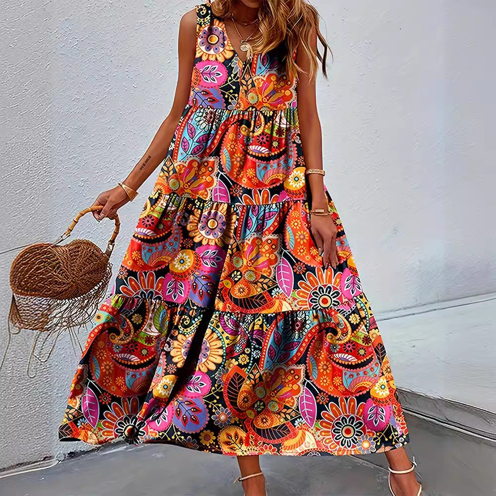 Damen Maxikleid mit buntem Blumenmuster und elegantem V-Ausschnitt